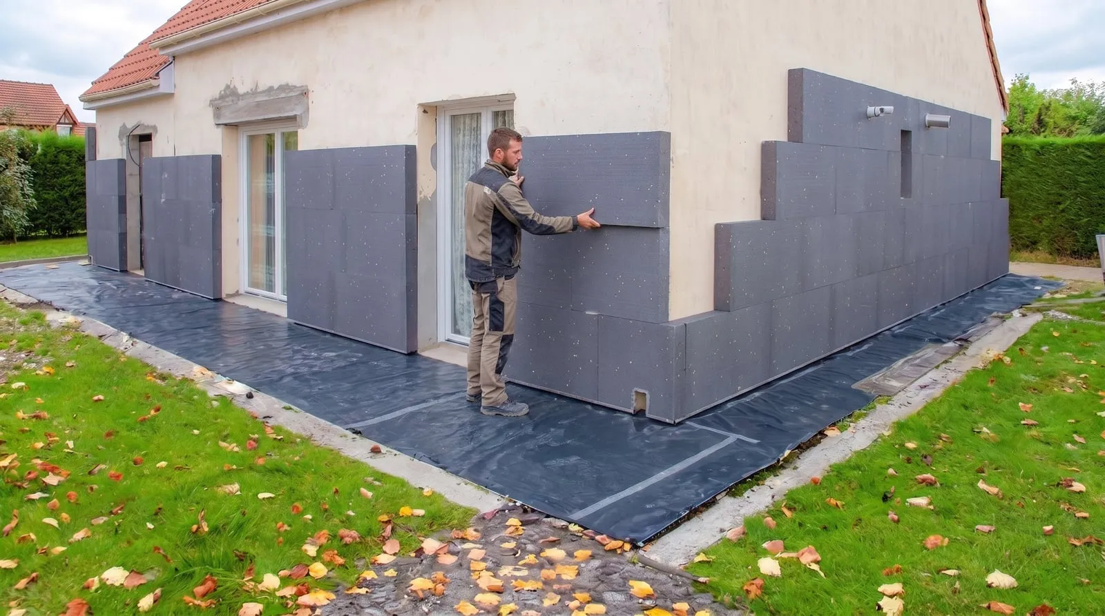 Poseur appliquant un panneau isolant sur la façade d’une maison en cours de chantier